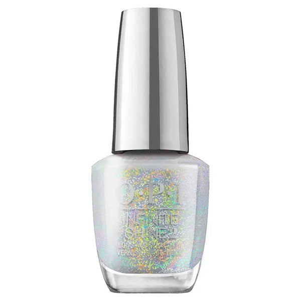 OPI Infinite Shine silver holographic nail polish bottle with silver cap on a white background