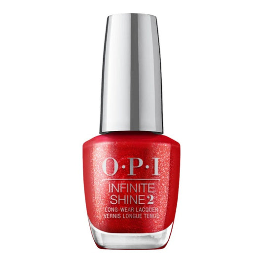 OPI Infinite Shine red shimmer nail polish bottle with silver cap on a white background