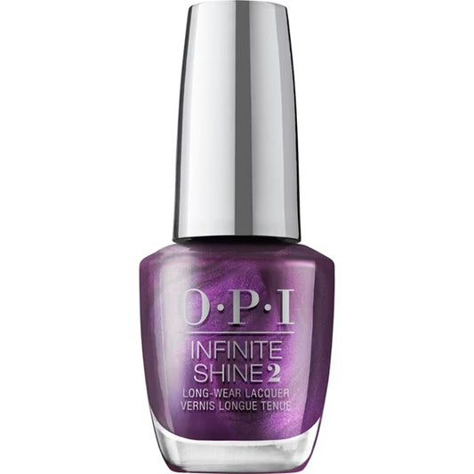 OPI Infinite Shine dark violet purple shimmer nail polish bottle with silver cap on a white background