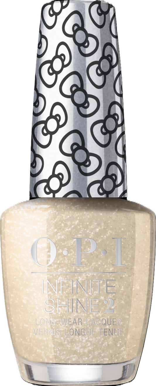 OPI Infinite Shine light gold shimmer nail polish bottle with a silver cap featuring black bows on a white background