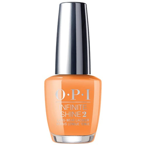 OPI Infinite Shine orange nail polish bottle with silver cap on a white background
