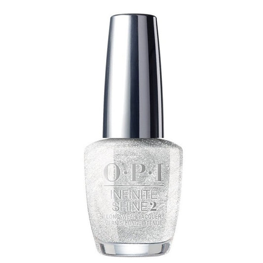 OPI Infinite Shine silver shimmer nail polish bottle with silver cap on a white background