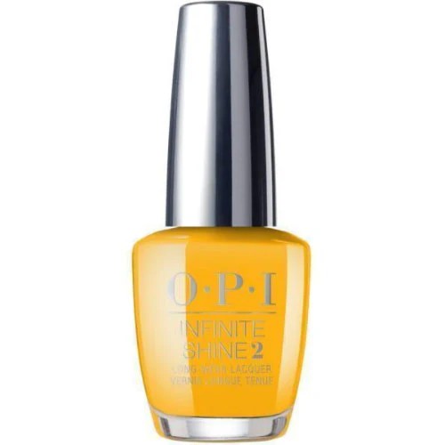 OPI Infinite Shine yellow nail polish bottle with silver cap on a white background