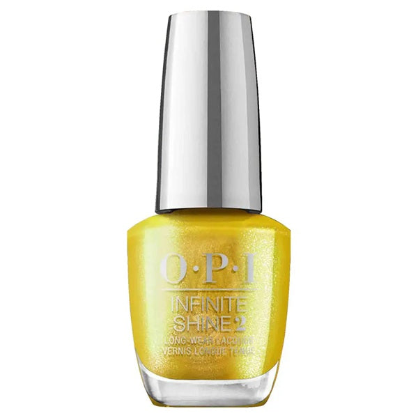 OPI Infinite Shine yellow gold shimmer nail polish bottle with silver cap on a white background
