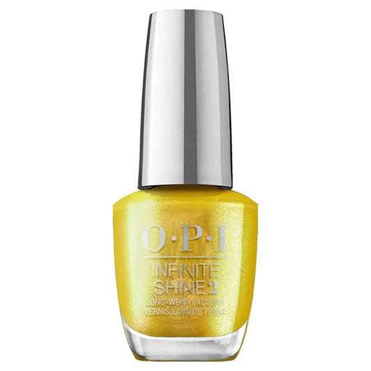 OPI Infinite Shine yellow gold shimmer nail polish bottle with silver cap on a white background