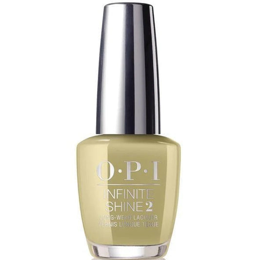 OPI Infinite Shine sage green nail polish bottle with silver cap on a white background