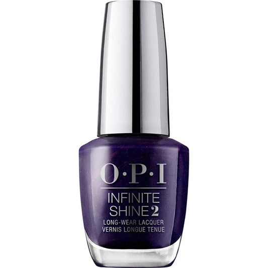 OPI Infinite Shine dark indigo purple shimmer nail polish bottle with silver cap on a white background
