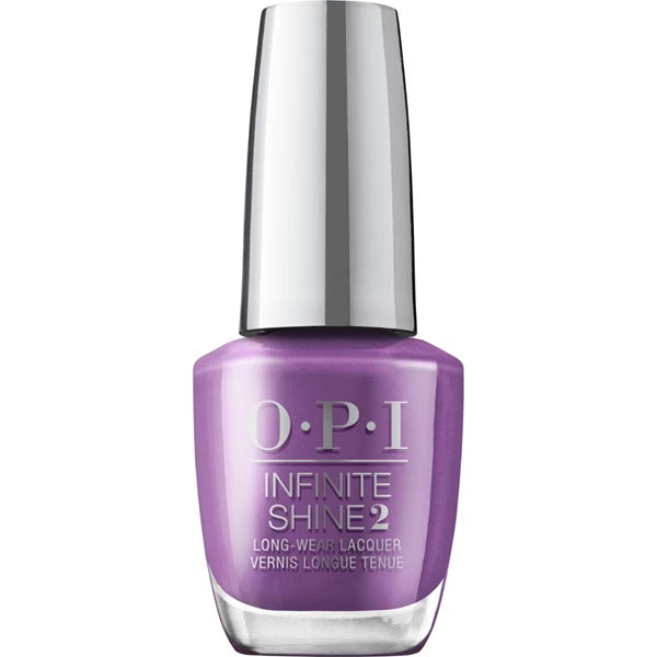OPI Infinite Shine purple nail polish bottle with silver cap on a white background