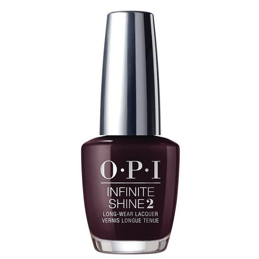 OPI Infinite Shine dark burgundy nail polish bottle with silver cap.