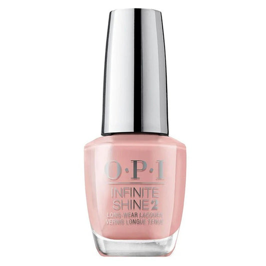 OPI Infinite Shine peach nail polish bottle with pink color on a white background