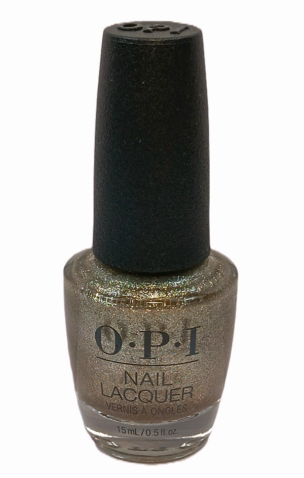 OPI nail polish bottle with metallic gold shimmer on a white background