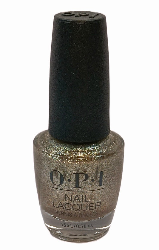 OPI nail polish bottle with metallic gold shimmer on a white background
