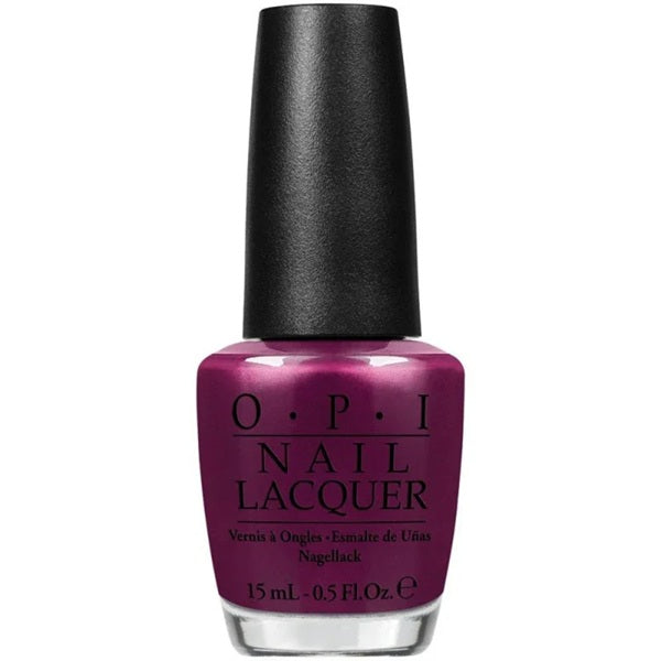 OPI Nail Lacquer in a deep plum purple shade, featuring a black cap and clear glass bottle on a white background.