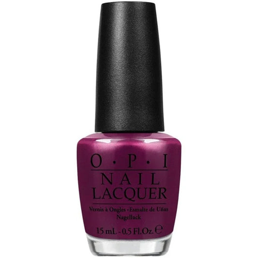 OPI Nail Lacquer in a deep plum purple shade, featuring a black cap and clear glass bottle on a white background.