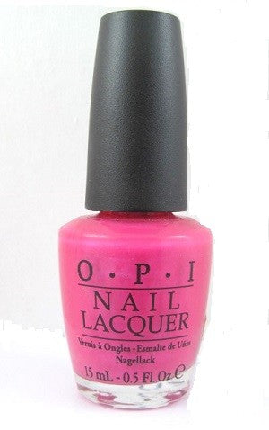 A bottle of OPI Nail Polish in a bright hot pink color with blue undertones, labeled as 'La Paz-itively Hot NLA20' and indicating a 50 ml/1 fl. oz.