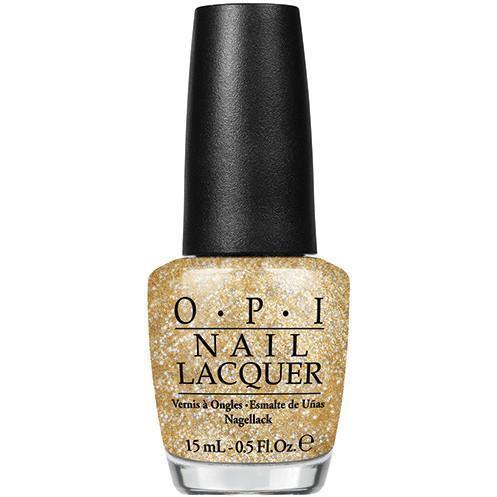 OPI nail lacquer bottle with gold glitter finish on a white background