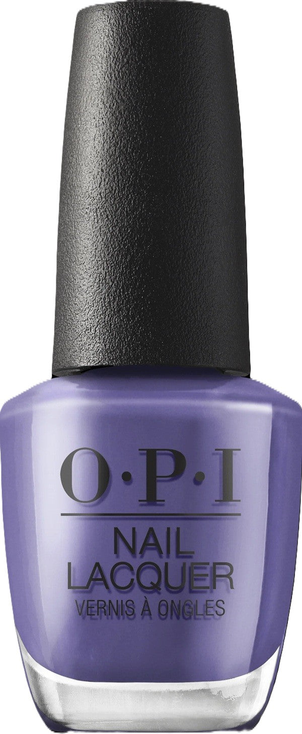 OPI nail lacquer bottle with a purple color swatch on a white background