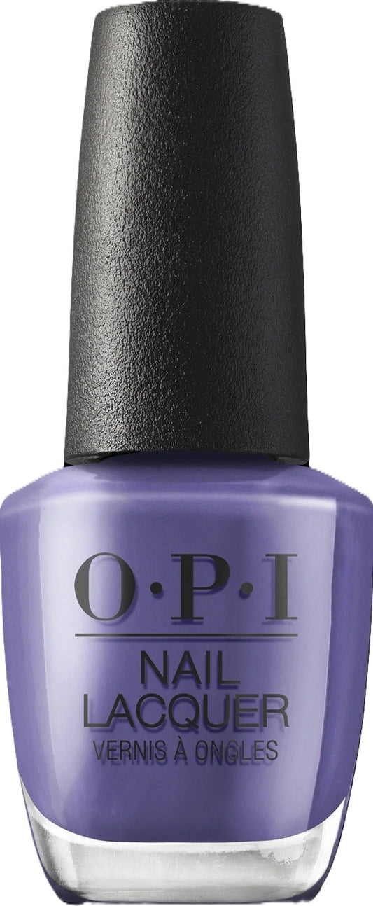 OPI nail lacquer bottle with a purple color swatch on a white background