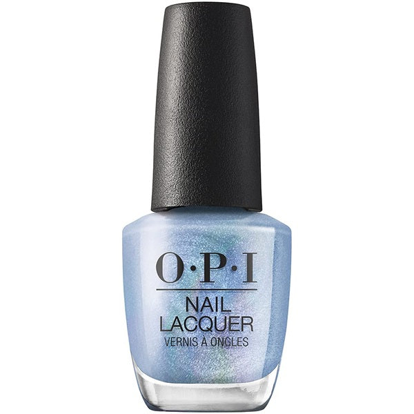 OPI blue shimmer nail polish bottle with a black cap on a white background