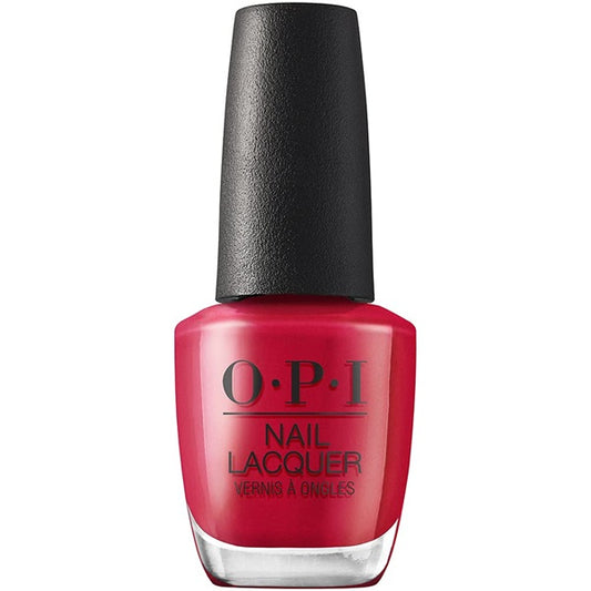 OPI red nail polish bottle with black cap on a white background