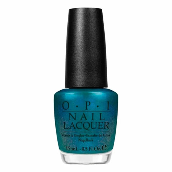OPI teal nail polish bottle with black cap on a white background
