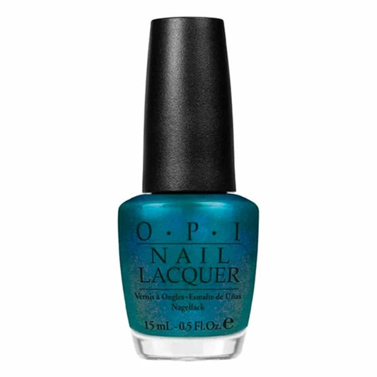 OPI teal nail polish bottle with black cap on a white background