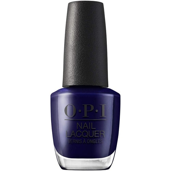 OPI nail polish bottle with dark blue/purple color on a white background