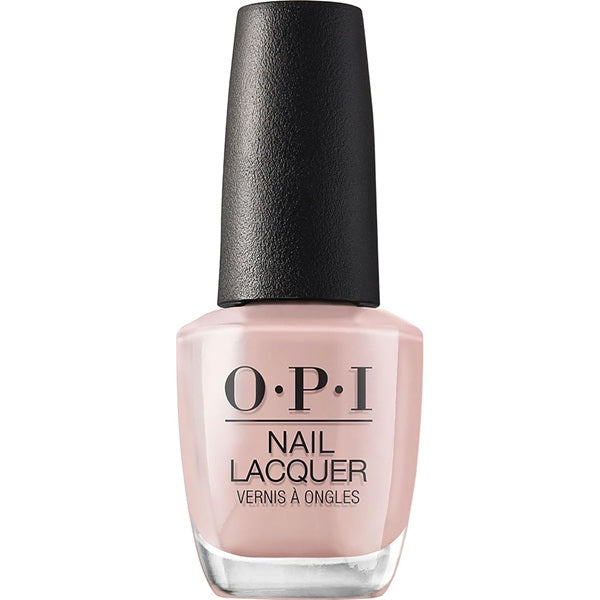 OPI soft beige nail lacquer bottle with black cap on a white background