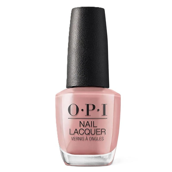 OPI beige nail lacquer bottle with black cap on a white background