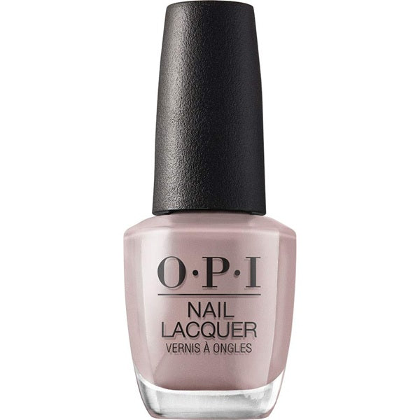 OPI taupe beige nail lacquer bottle with black cap on a white background