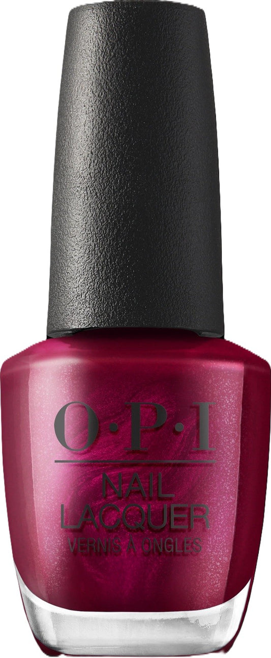 OPI nail polish bottle with deep red color and black cap.