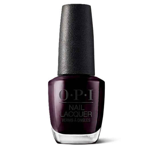 OPI nail polish bottle with dark purple color on a white background