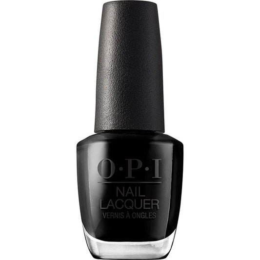 Black nail polish bottle with OPI branding on a white background