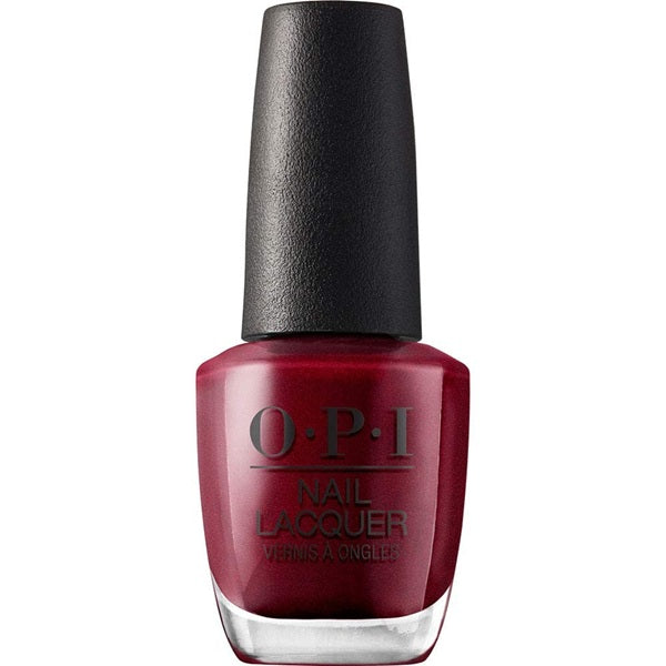 OPI nail polish bottle with dark red color and black cap on a white background