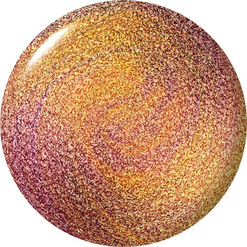 Round mauve gold glitter nail polish swatch on a white background
