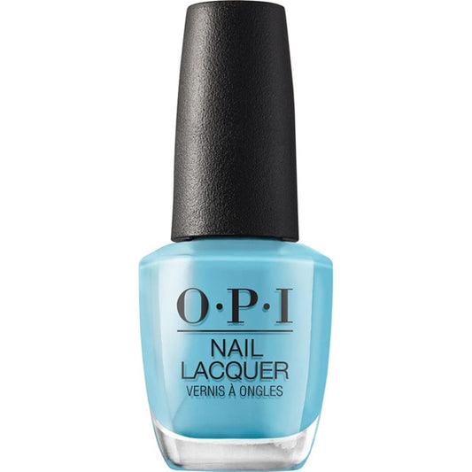 OPI aqua blue nail lacquer bottle with black cap on a white background