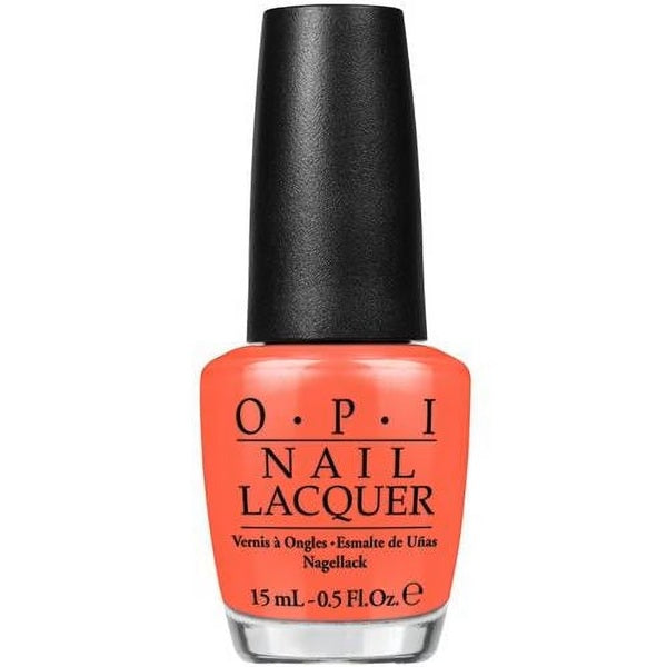 OPI nail lacquer bottle with bright orange color on a white background