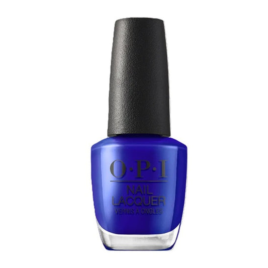 OPI blue nail polish bottle with black cap on a white background