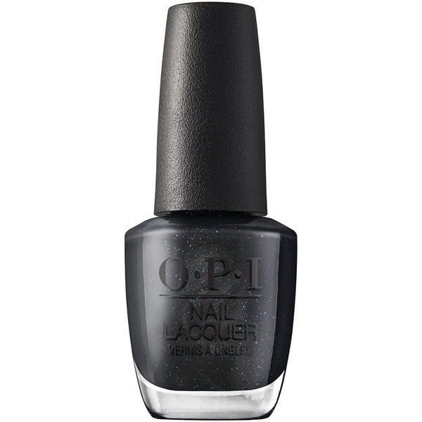 OPI black nail polish bottle with black cap and base on a white background