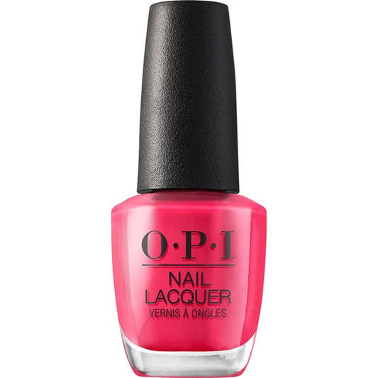 OPI nail polish bottle with bright pink color and black cap on a white background