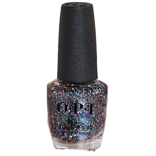 OPI nail polish bottle with multi-colored glitter on a white background