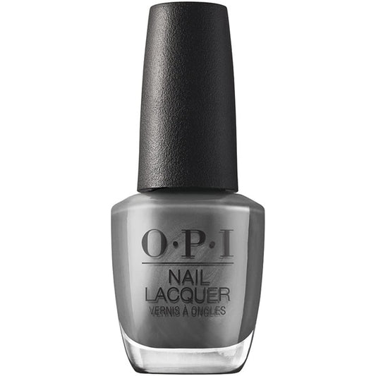 OPI gray nail polish bottle with black cap on a white background