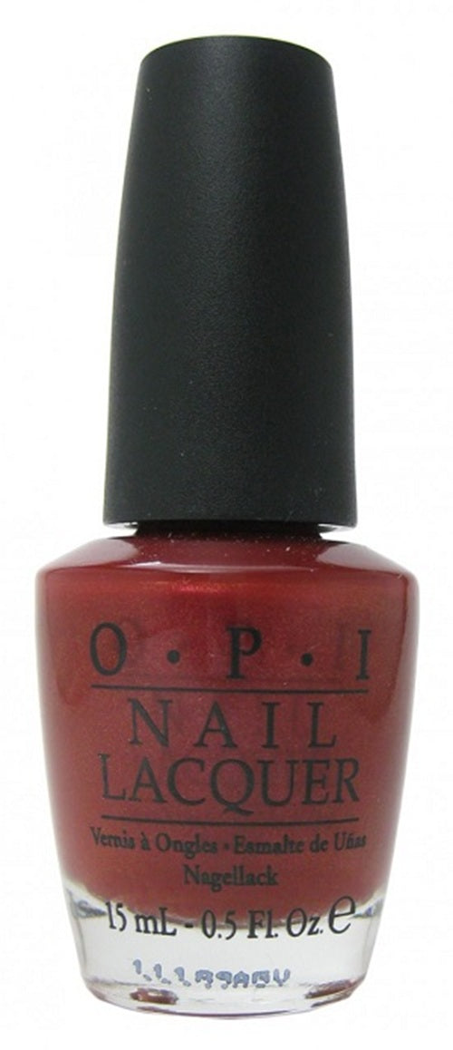 OPI deep red nail polish bottle with black cap.