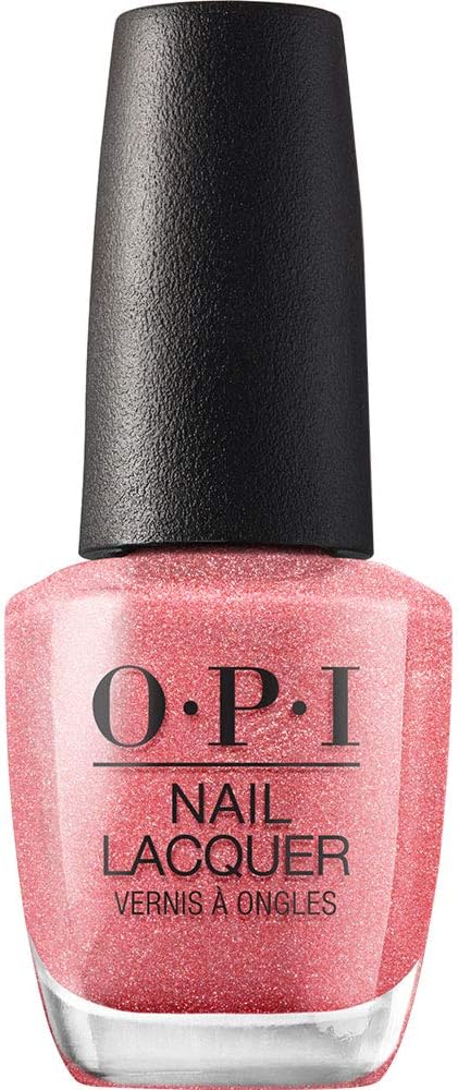OPI peach shimmer nail polish bottle with black cap and white background.