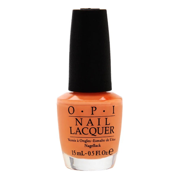 OPI nail lacquer bottle with orange color on a white background