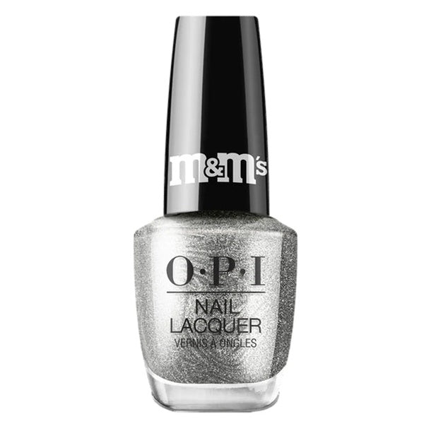 OPI nail polish bottle in a silver shimmer shade, with a black cap with M&M's written on it.