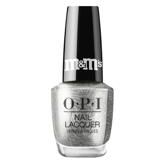 OPI nail polish bottle in a silver shimmer shade, with a black cap with M&M's written on it.