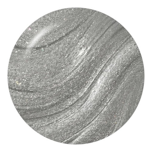 Round silver shimmer nail polish swatch.