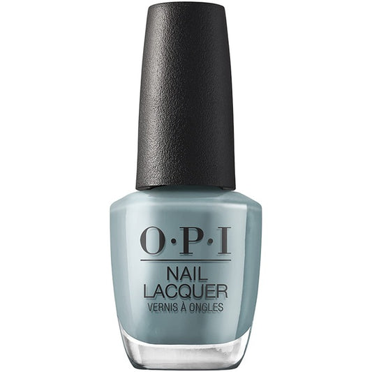 OPI gray/green nail lacquer bottle with black cap on a white background