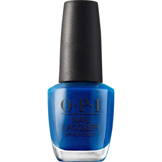 OPI blue nail polish bottle with black cap on a white background